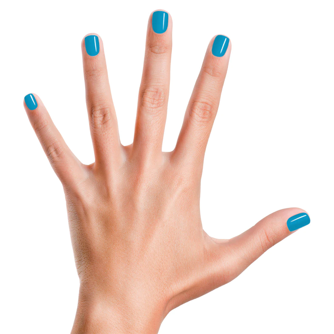 Hand with nails painted in matte bright sky blue using Nail Polish RAIN-bow or Shine showing vibrant, durable finish.