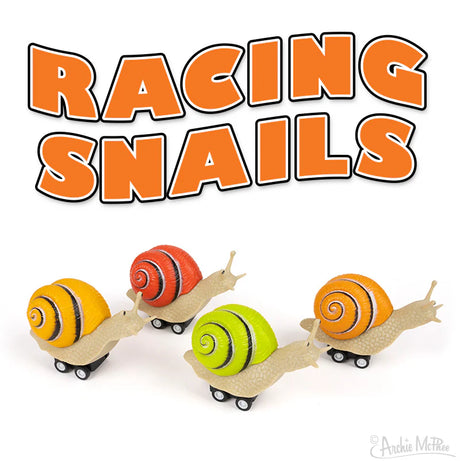 Four colorful Racing Snail toys with wheels on a white background, designed for fun flat surface play.