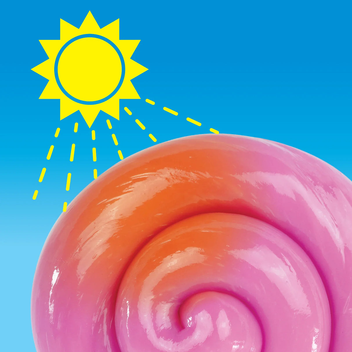 Super Color Change Rainbow Reveal Thinking Putty swirling in pink and orange shades with a sunny background illustration.