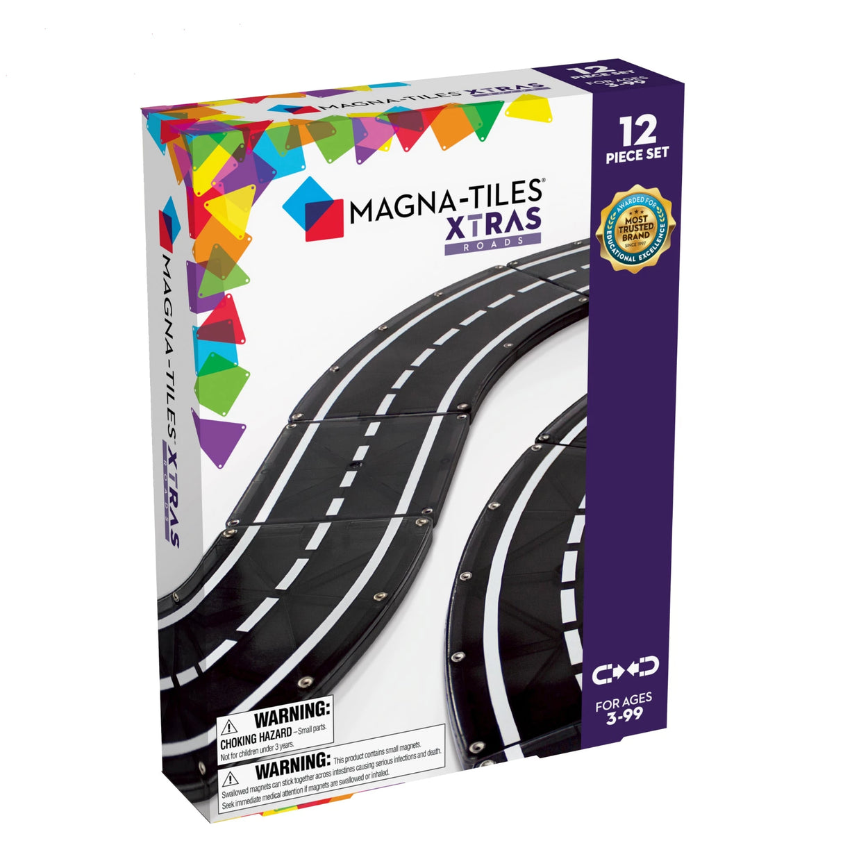 Magnatiles Xtras Roadway 12pc set with magnetic road curves and squares for building racetracks and road layouts.