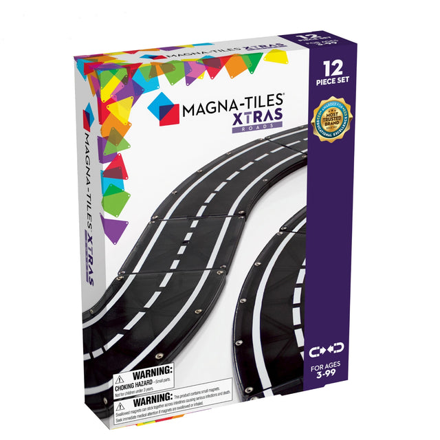 Magnatiles Xtras Roadway 12pc set with magnetic road curves and squares for building racetracks and road layouts.