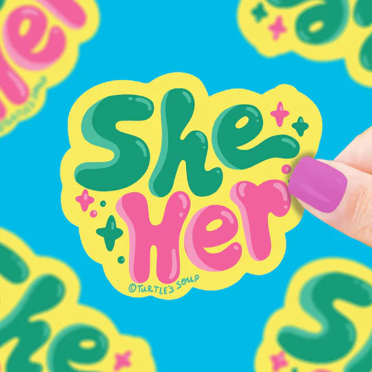 She/Her Pronouns Sticker with colorful design, weatherproof vinyl, perfect for showing pronoun pride.
