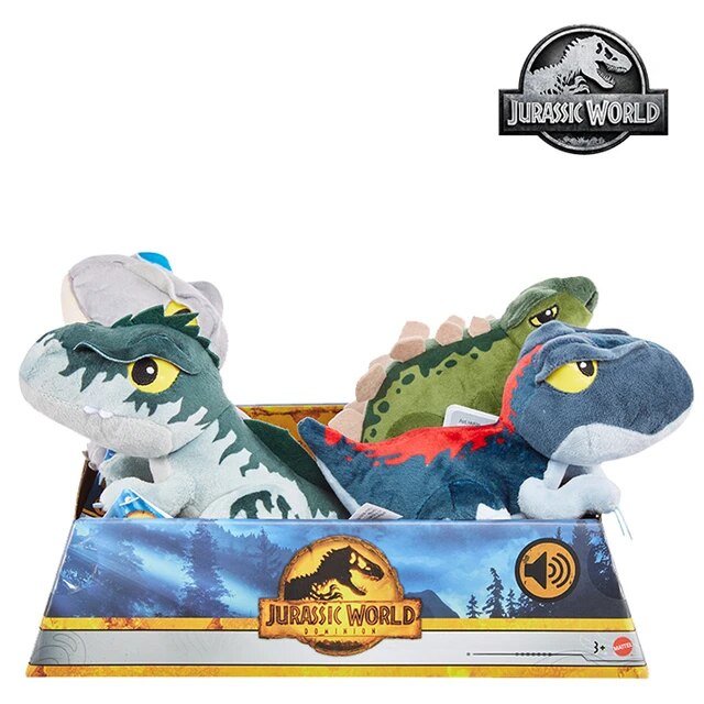 Jurassic World Dino plush toys in assorted styles with soft fabrics and real dino sounds, perfect for kids ages 3 and up.