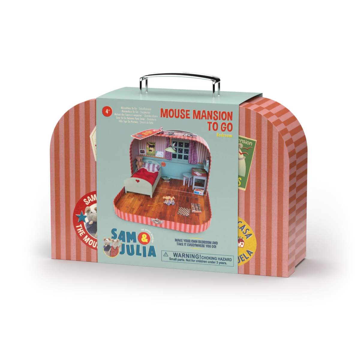 Sam & Julia | Mouse Mansion to Go suitcase with printed wallpaper and floor for assembling a miniature bedroom.