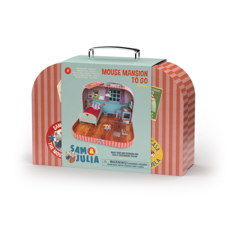 Sam & Julia | Mouse Mansion to Go suitcase with printed wallpaper and floor for assembling a miniature bedroom.