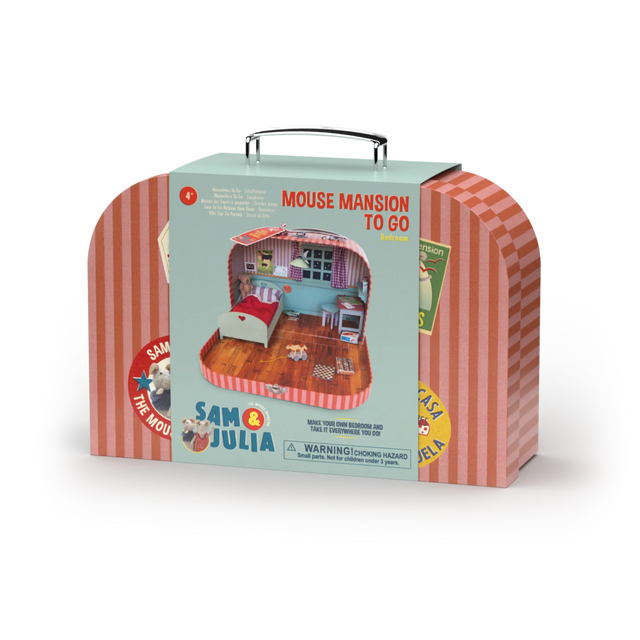 Sam & Julia | Mouse Mansion to Go suitcase with printed wallpaper and floor for assembling a miniature bedroom.