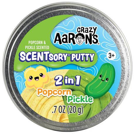 Crazy Aaron’s SCENTsory Duos Popcorn Pickle Thinking Putty with yellow popcorn and green pickle scented putty.