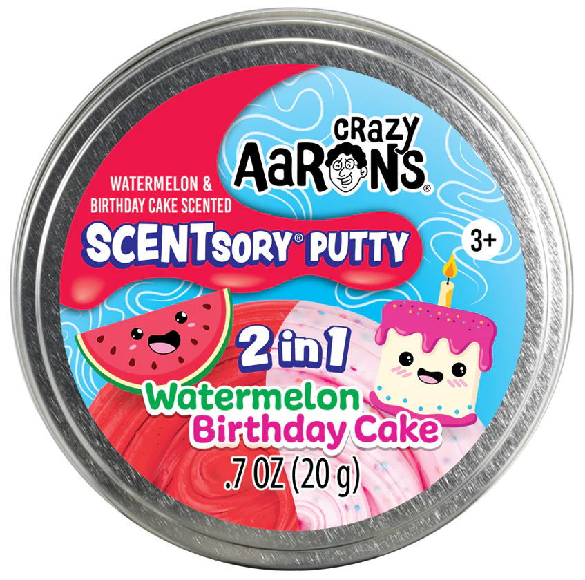 SCENTsory Duos Watermelon Birthday Cake Thinking Putty 2 in 1 scented putty with fruity watermelon and sweet birthday cake scents.