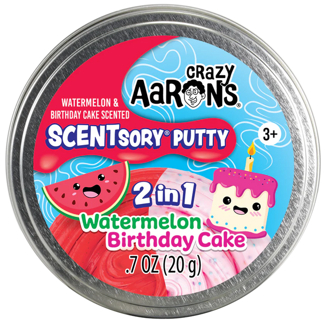 SCENTsory Duos Watermelon Birthday Cake Thinking Putty 2 in 1 scented putty with fruity watermelon and sweet birthday cake scents.