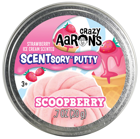 SCENTsory Scoopberry Thinking Putty in tin, strawberry ice cream scented, soft pink textured putty inside.