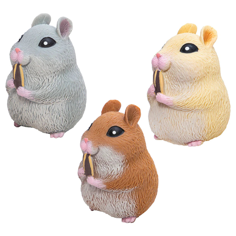 Chonky Cheeks Hamster squishy toy in assorted colors nibbling snack, soft and fun to squeeze, about 3 inches tall.