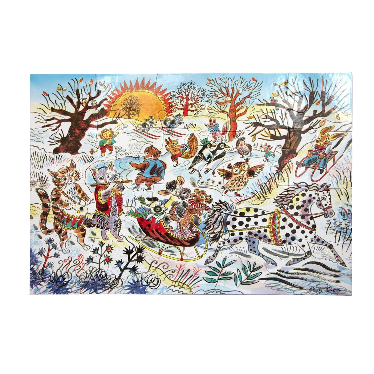 Colorful winter scene puzzle with animals sledding, skating, and enjoying a sunny snowy afternoon outdoors.