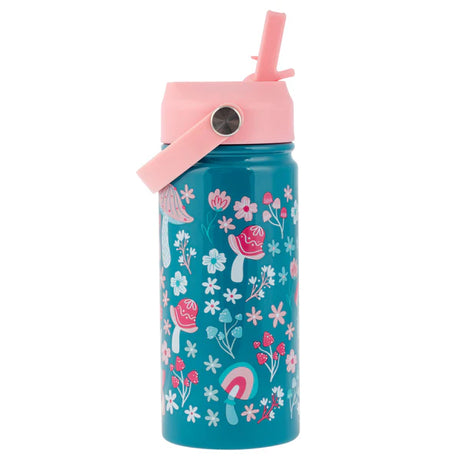 Blue insulated water bottle with pink lid and mushroom floral design featuring a pivoting handle and flip straw for kids.
