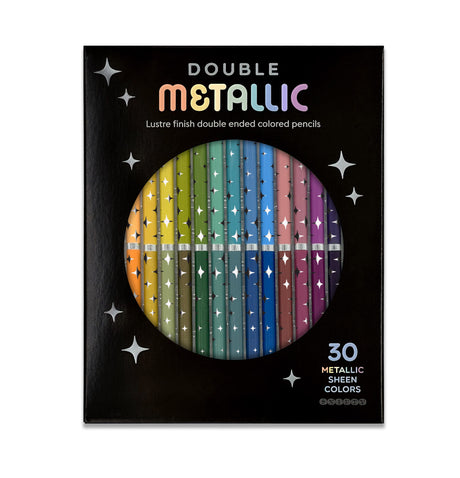 Double Metallic Colored Pencil Set with 15 double-ended pencils, showcasing 30 vibrant metallic colors in a sleek black box.