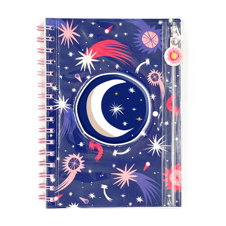 Cosmic Pencil Pouch Journal with spiral-bound pages, cosmic cover, and clear zip pouch for pencils and pens.