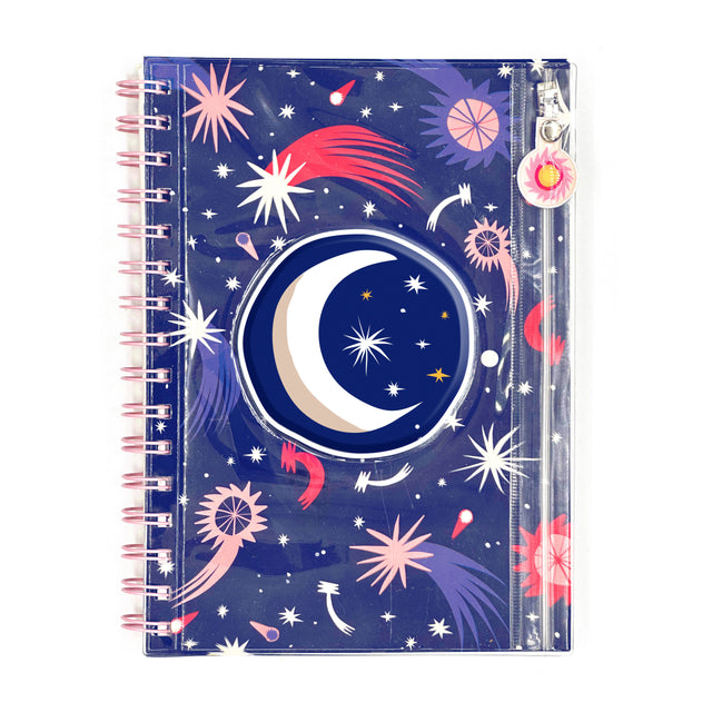 Cosmic Pencil Pouch Journal with spiral-bound pages, cosmic cover, and clear zip pouch for pencils and pens.