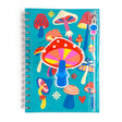 Mushrooms Pencil Pouch Journal with colorful mushroom cover, spiral-bound, clear zip pouch for pens, and 160 lined pages.