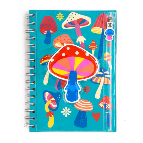 Mushrooms Pencil Pouch Journal with colorful mushroom cover, spiral-bound, clear zip pouch for pens, and 160 lined pages.
