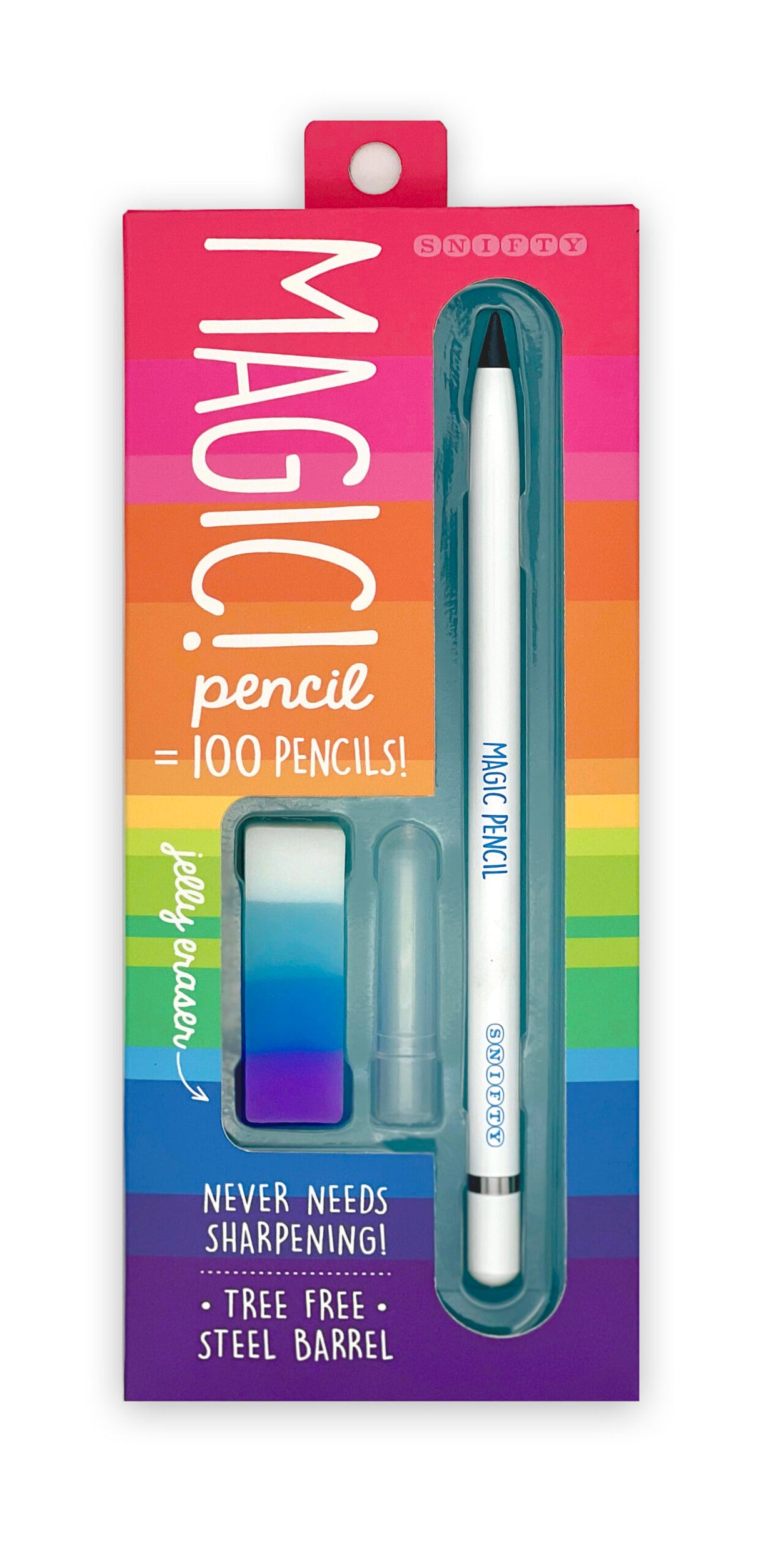Magic Pencil | White with compressed graphite tip, eraser, and protective cap in colorful packaging.