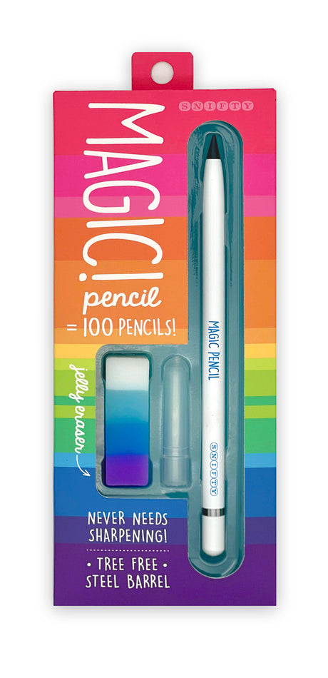 Magic Pencil | White with compressed graphite tip, eraser, and protective cap in colorful packaging.