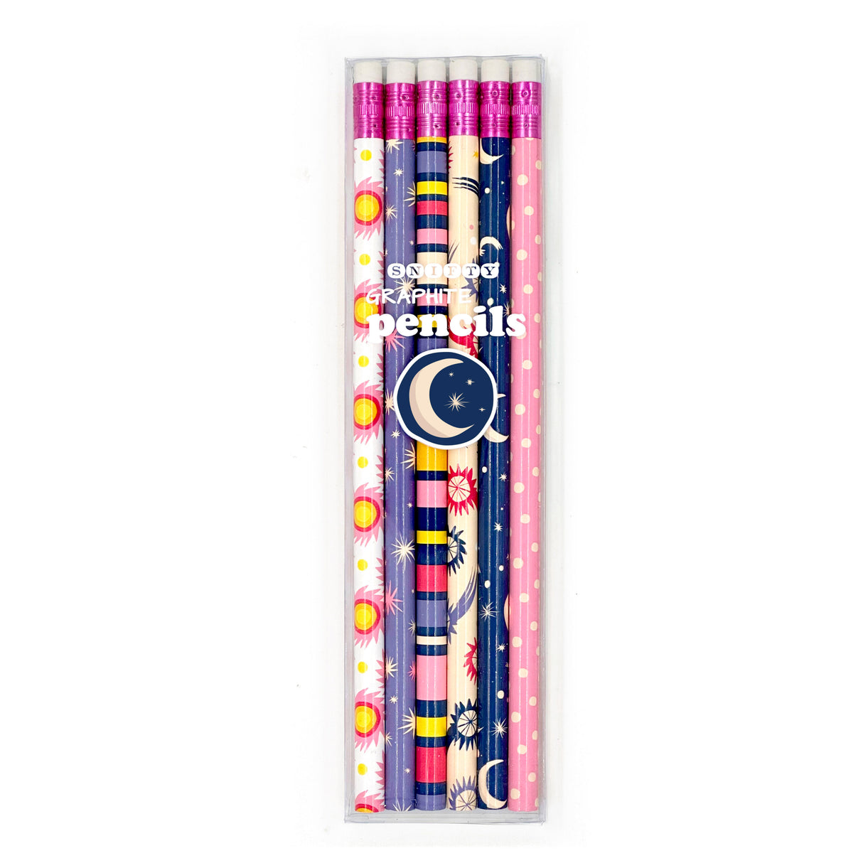 Cosmic Pencils boxed set of six #2 graphite pencils with vibrant cosmic and celestial designs.