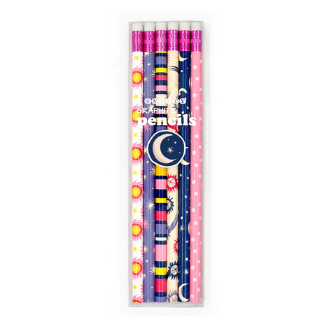Cosmic Pencils boxed set of six #2 graphite pencils with vibrant cosmic and celestial designs.