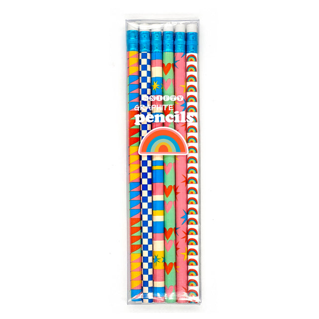 Boxed set of six Geo Love Pencils with colorful geometric and heart designs on #2 graphite pencils.