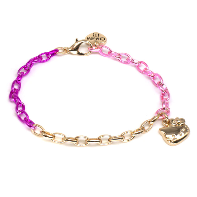 Hello Kitty Chain Bracelet with gold charm and pink to purple links, adjustable 7.5-inch chain for charms.