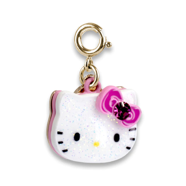 Gold Glitter Hello Kitty Charm with enamel glitter and pink bow featuring a purple gem, perfect for Hello Kitty fans.