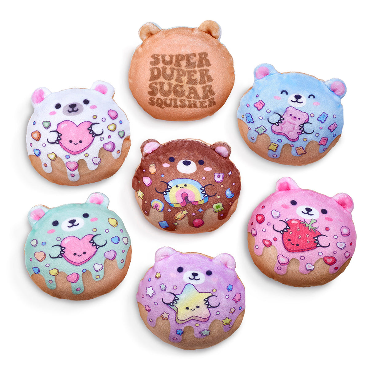 Seven colorful Sugar Bear Donut plush toys with cute bear faces and sweet frosting designs arranged on a white background