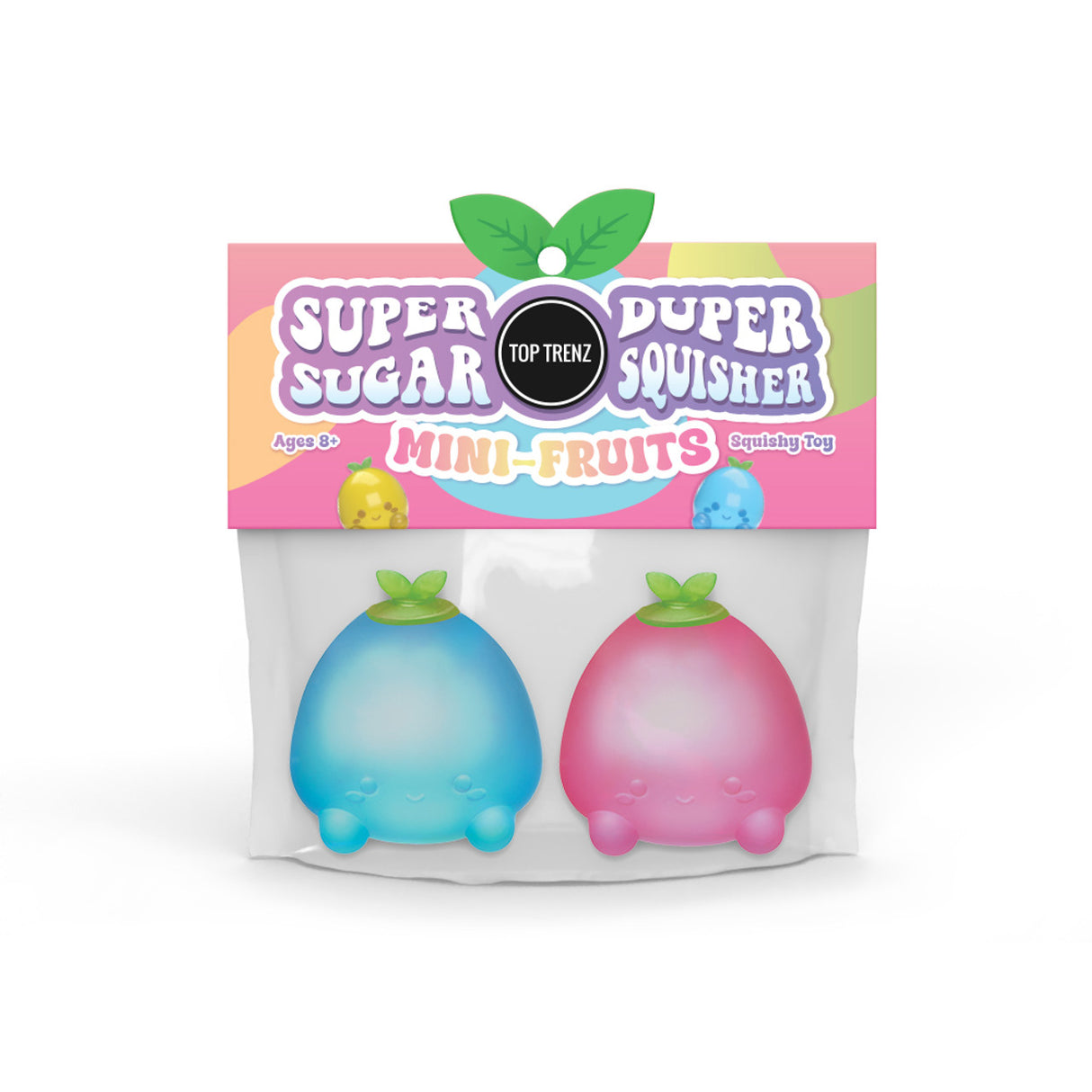 Super Duper Sugar Squisher Mini Fruits two-pack with blue and pink squishy fruit characters in colorful packaging.