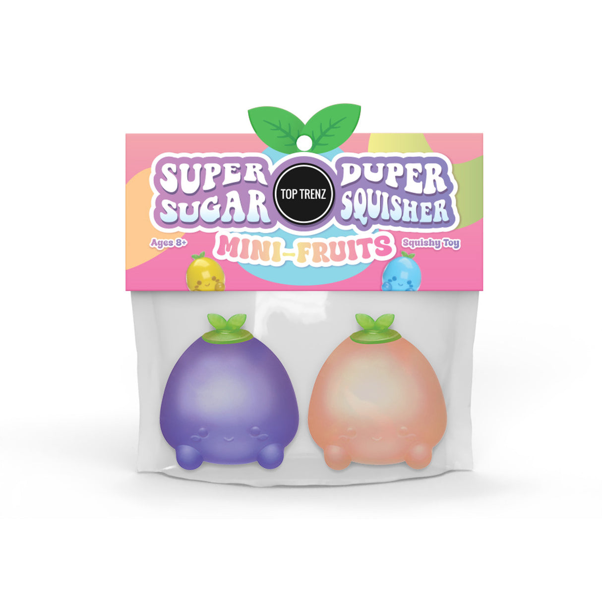 Super Duper Sugar Squisher Mini Fruits two-pack with purple and peach squishy fruit characters for sensory play and stress relief.