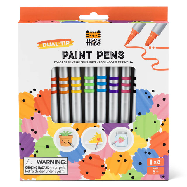 Dual-Tip Paint Pens pack of 8 vibrant colors with brush and round tips for versatile art on multiple surfaces.