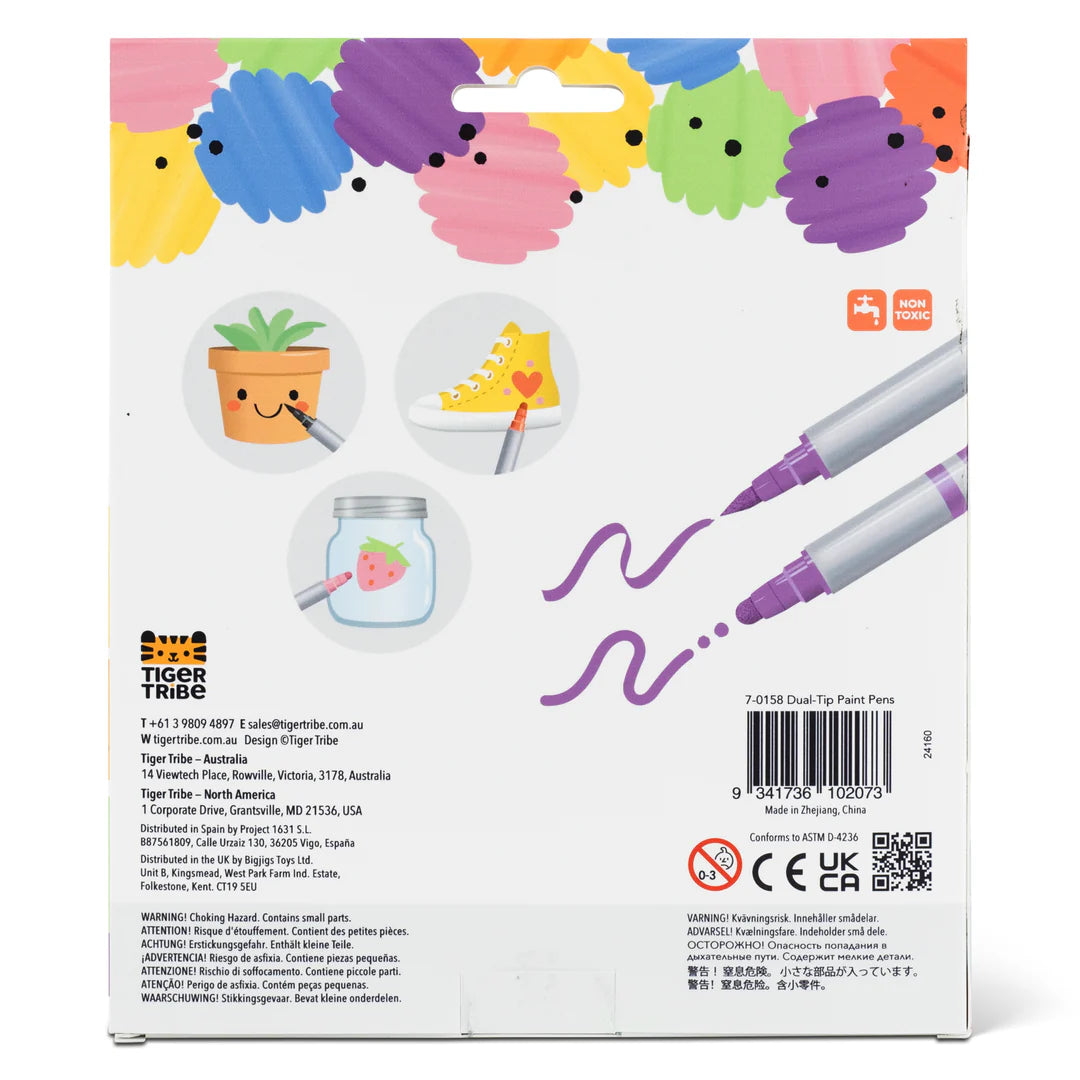 Dual-Tip Paint Pens showing purple brush and round tips with colorful artwork examples on various surfaces.