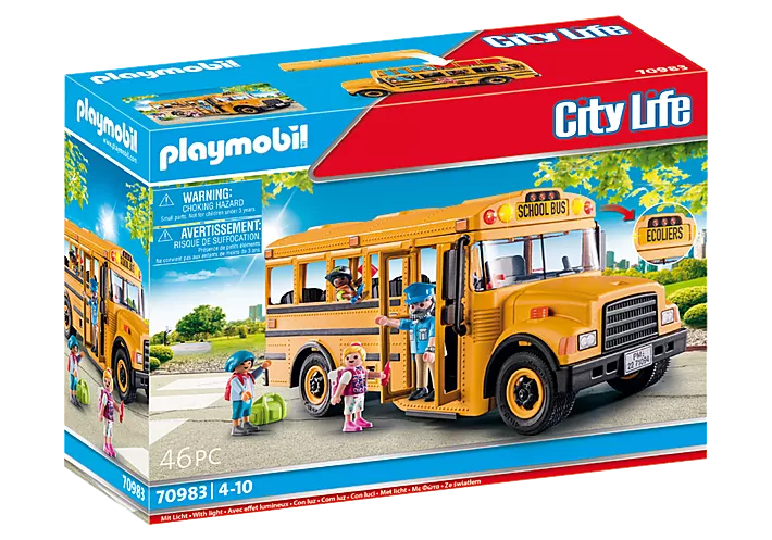 City Life | School Bus toy with removable roof, flashing lights, stop sign, and 4 figures including driver and students.