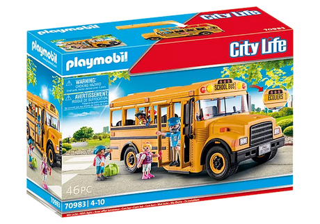 City Life | School Bus toy with removable roof, flashing lights, stop sign, and 4 figures including driver and students.