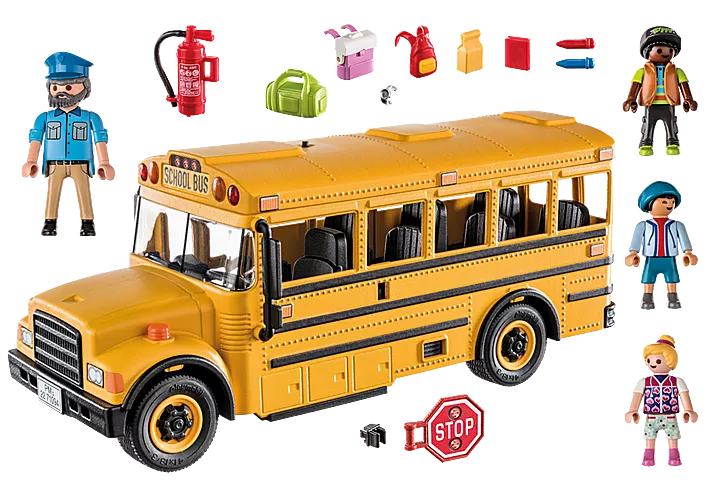 City Life | School Bus toy with removable roof, 4 figures, backpacks, lunch bag, and stop sign accessories.