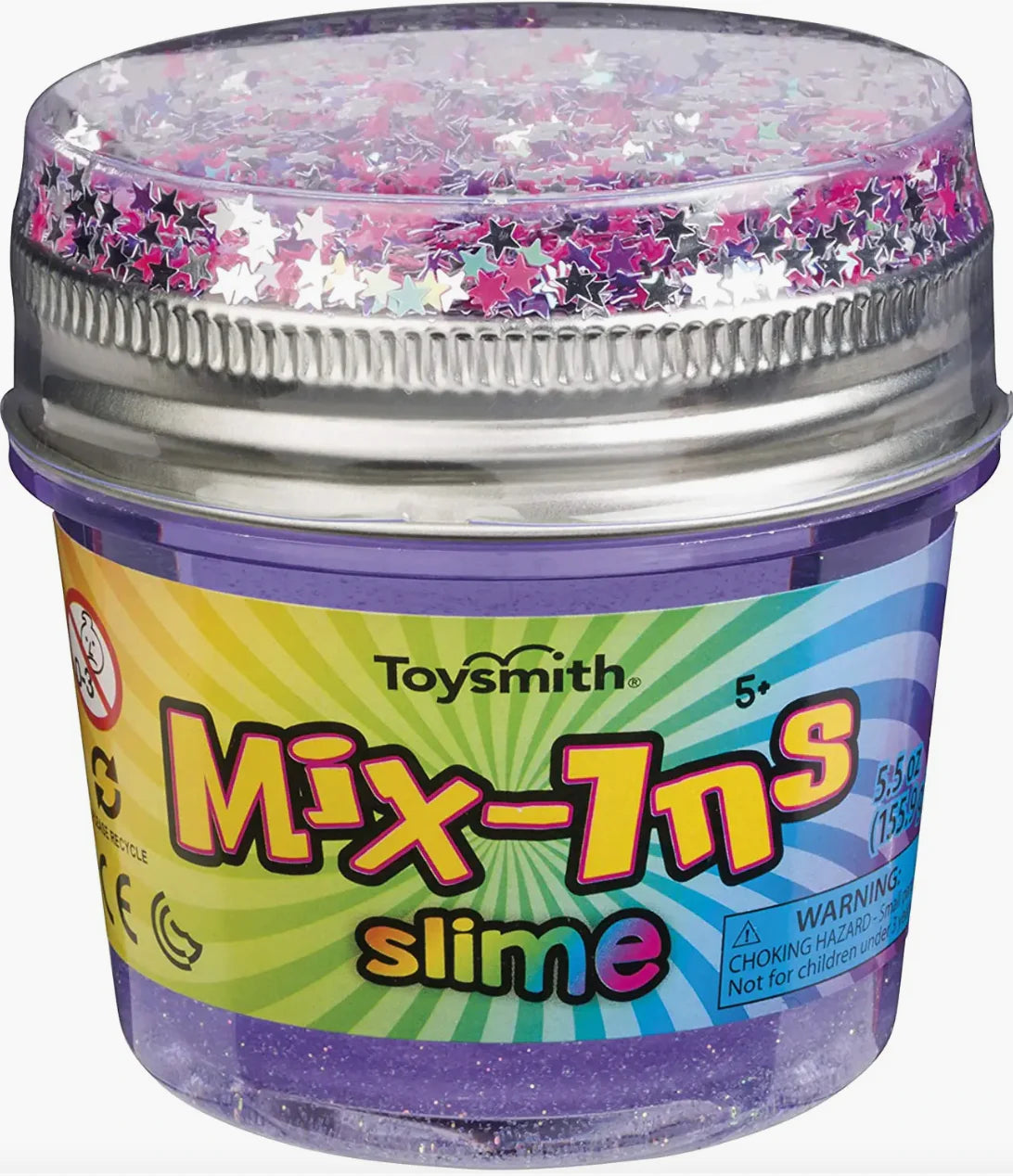Mix-Ins Slime in a resealable jar with purple slime and star confetti mix-ins for colorful sensory play.