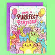 Have a Purrrfect Birthday Cat Card with colorful cats wearing party hats and balloons on a green background