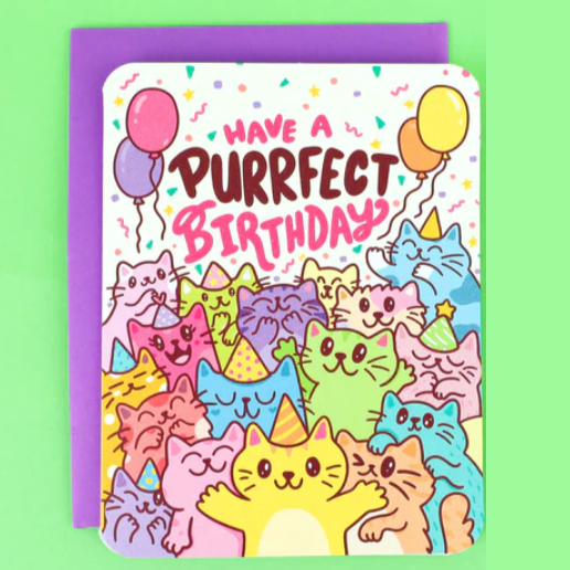 Have a Purrrfect Birthday Cat Card with colorful cats wearing party hats and balloons on a green background
