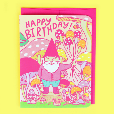 Woodland Gnome Fairy Mushroom Birthday Card with garden gnome holding mushroom balloons and happy birthday text.