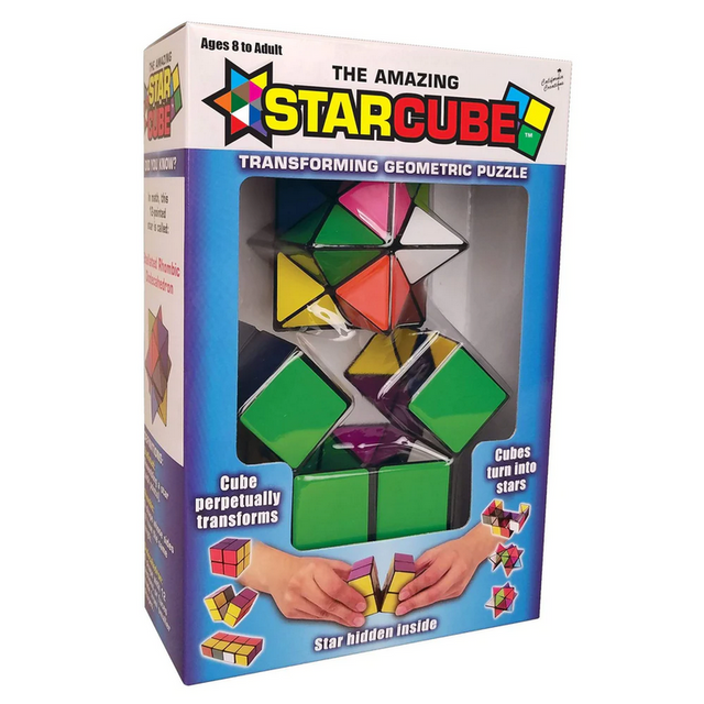 The Amazing Starcube transforming geometric puzzle in colorful packaging with visible green and multicolor pieces.