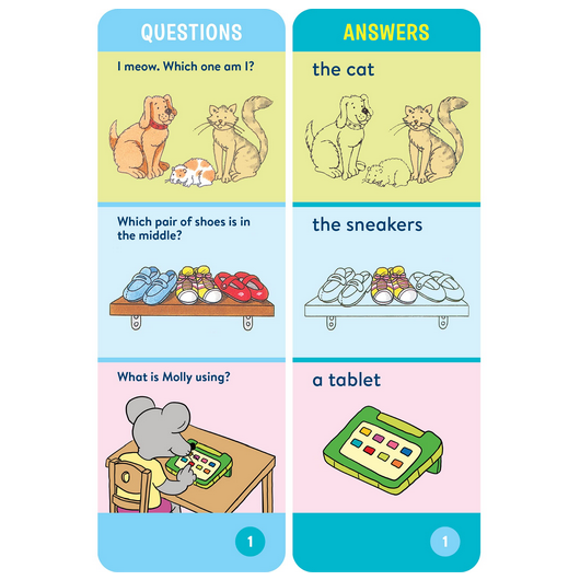 Brain Quest: For Threes question and answer cards featuring animals, shoes, and a tablet for ages 3-4.