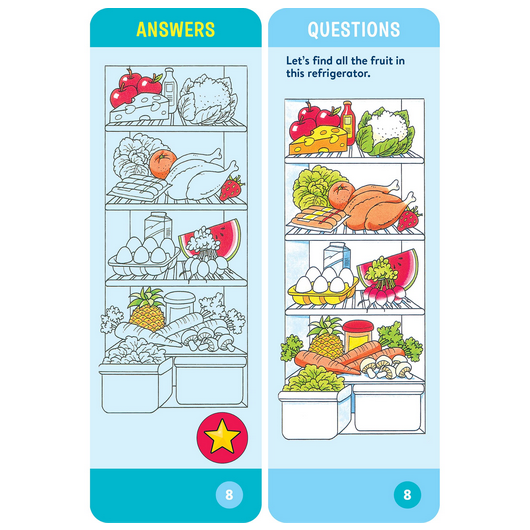 Brain Quest: For Threes card showing a refrigerator with fruits and vegetables for a fun learning game.