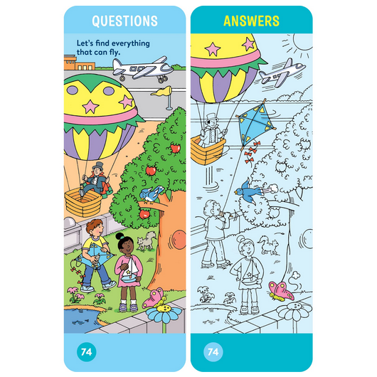 Brain Quest: For Threes question and answer cards featuring colorful flying objects and children learning outdoors.