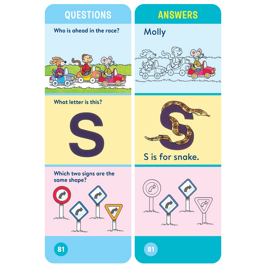 Brain Quest: For Threes question and answer cards featuring animals, letters, and shapes for early learning.