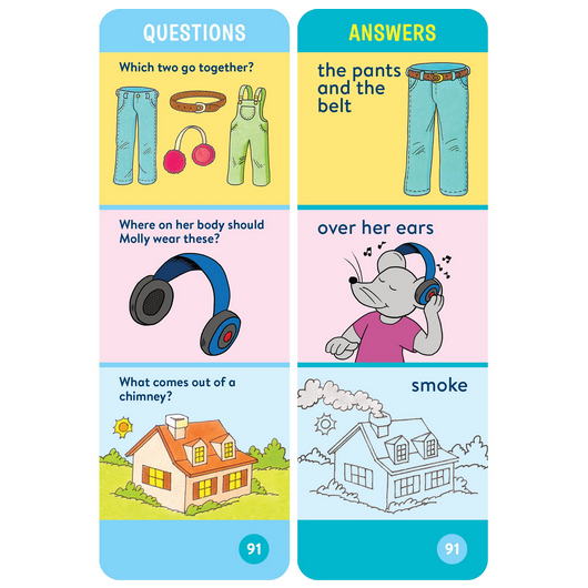 Brain Quest: For Threes card showing questions and answers with colorful illustrations for early learning.