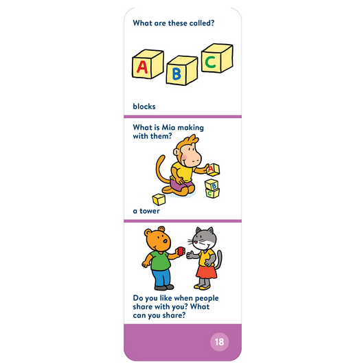 Brain Quest: For Twos card showing blocks, a monkey building a tower, and sharing between characters.