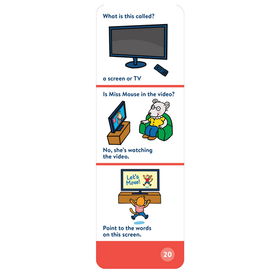 Brain Quest: For Twos question card with illustrations of a TV screen, mouse watching video, and child pointing to screen.