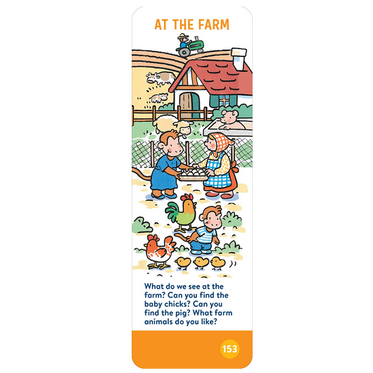 Brain Quest: For Twos card showing farm animals and children exploring baby chicks and a pig at the farm.